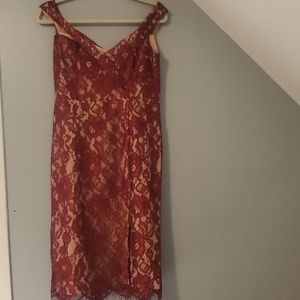 Lulus midi wine red lace off the shoulder dress. Size L.  NWT